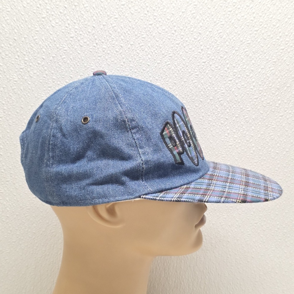 Vintage Disney Embroidered Winnie The Pooh Hat Elastic Band Blue Plaid Denim - Picture 5 of 13